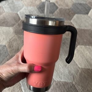 30oz YETI Rambler Peach with handle straw lid